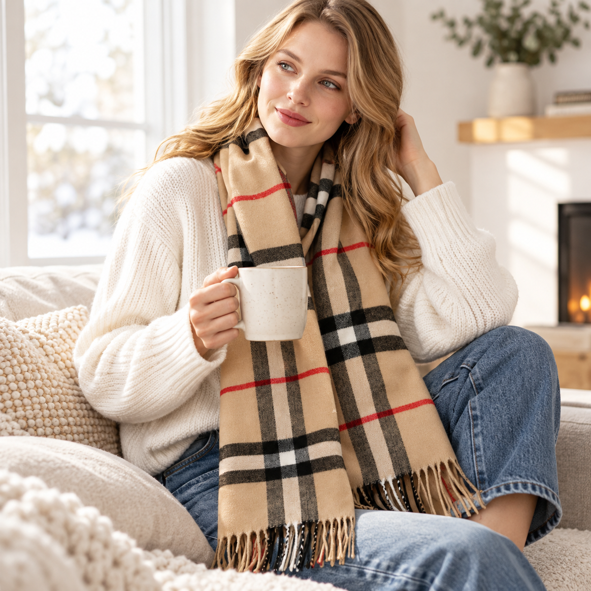 Classic Plaid Fringe Scarf – Soft Warm Winter Shawl for Everyday Wear