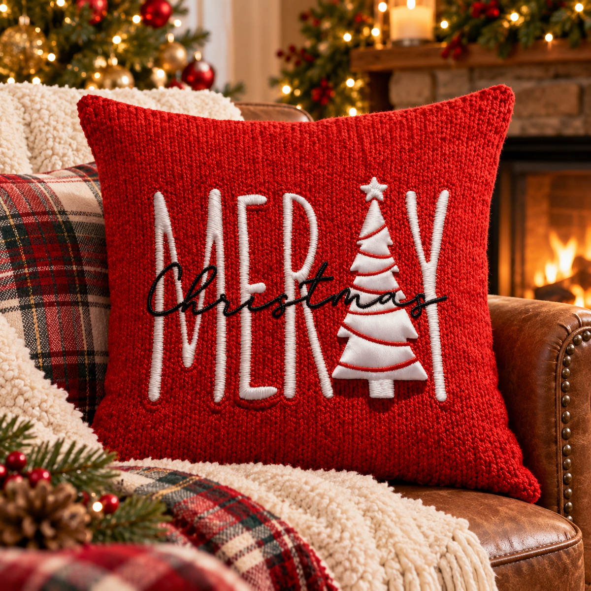 Red Holiday Embroidered Pillow Cover – 45 × 45 cm Decorative Cushion Cover