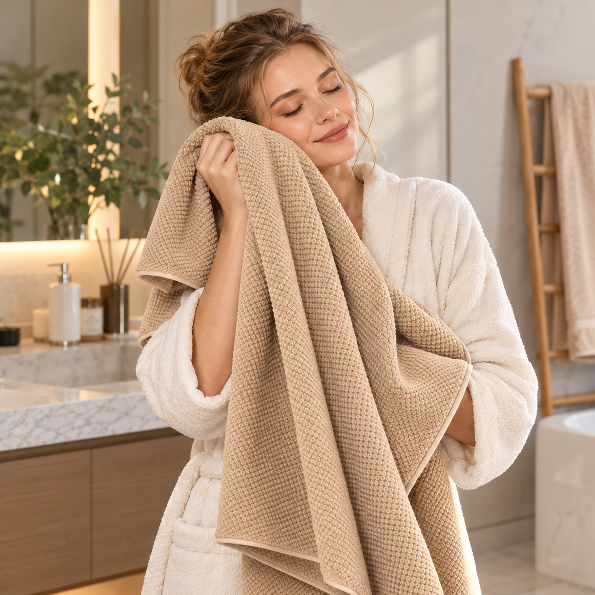Khaki Soft Absorbent Bath Towel – Quick-Drying Textured Towel for Everyday Use