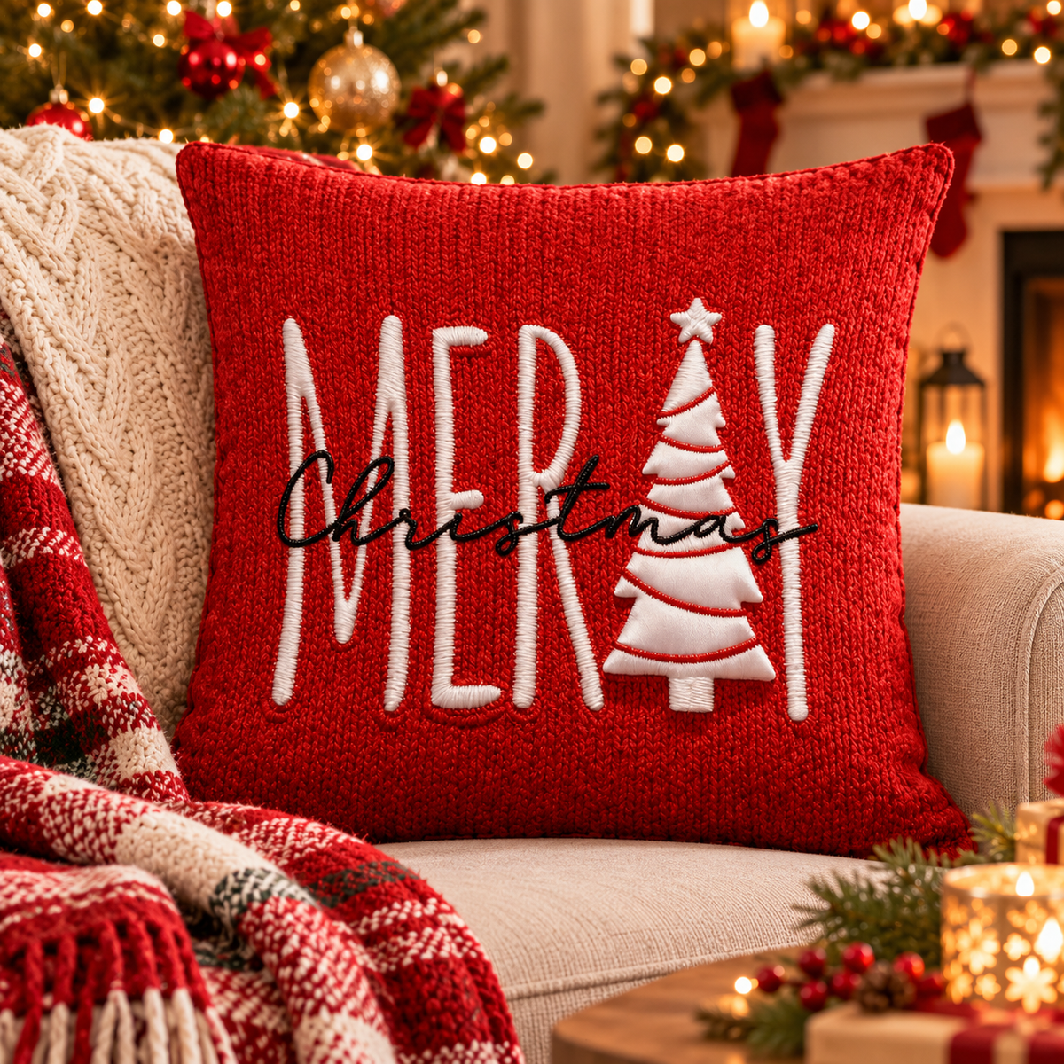 Red Holiday Embroidered Pillow Cover – 45 × 45 cm Decorative Cushion Cover