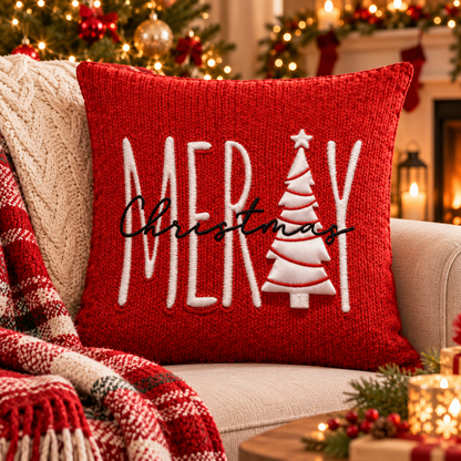 Red Holiday Embroidered Pillow Cover – 45 × 45 cm Decorative Cushion Cover