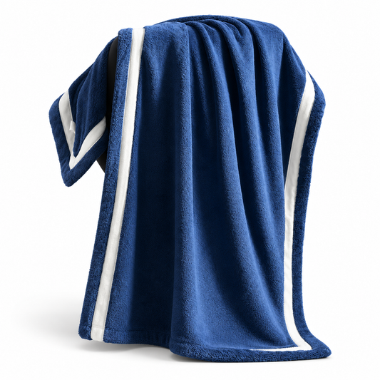 Deep Blue Coral Fleece Bath Towel – Soft Plush Towel with Contrast Trim