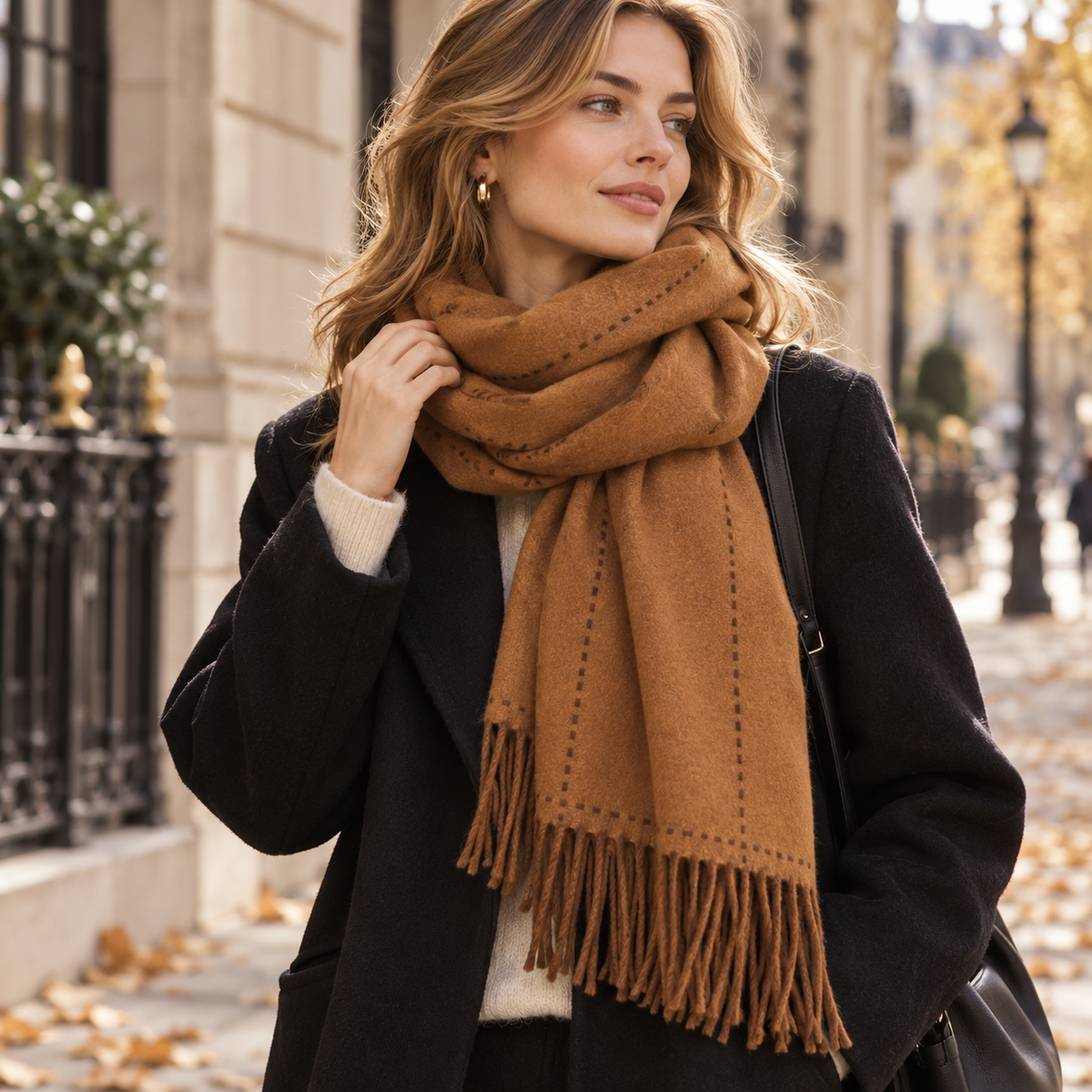 Caramel Wool Fringe Scarf – Soft Warm Long Shawl for Everyday Wear